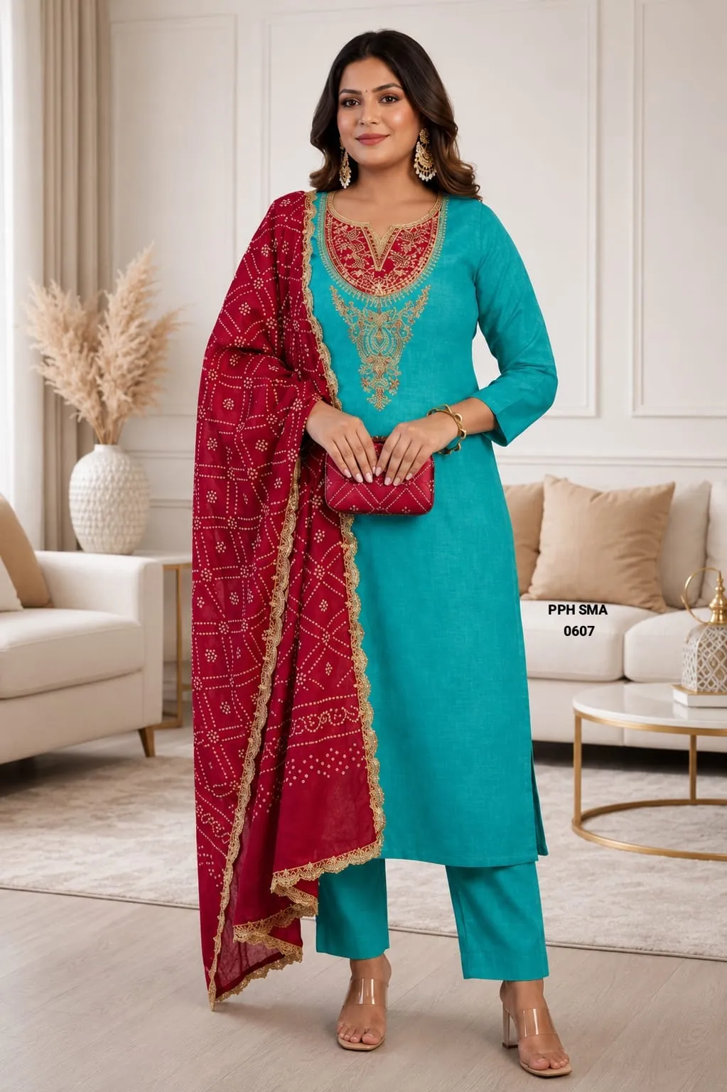Off-White Embroidered Kurta with Magenta Bandhani Dupatta Set